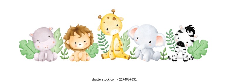 Watercolor illustration baby safari animals and tropical leaves 