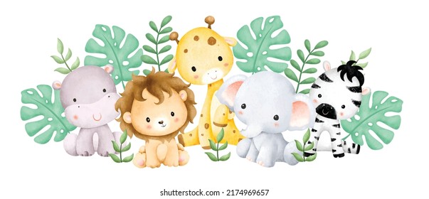 Watercolor illustration baby safari animals and tropical leaves 