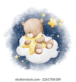 Watercolor Illustration Baby Teddy bear sleeping on the cloud