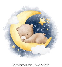 Watercolor Illustration Baby Teddy bear sleeping on the moon