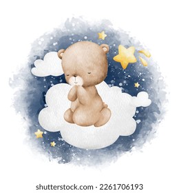 Watercolor Illustration Baby Teddy bear praying on the cloud