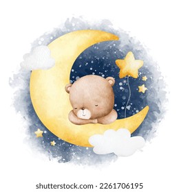 Watercolor Ilustración Bebé Teddy oso durmiendo en la luna