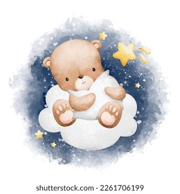 Watercolor Illustration Baby Teddy bear sitting on the cloud