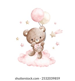 Aquarell Illustration Baby Teddybären und rosa Ballons auf Wolke