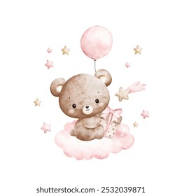 Watercolor Illustration Baby Teddy Bears and Pink Balloons Sits on Cloud