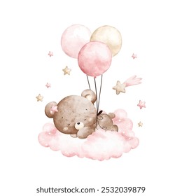 Watercolor Illustration Baby Teddy Bears and Pink Balloons Sleeps on Cloud