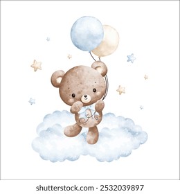 Aquarela Ilustração Bebê Teddy Ursos e Balões Azuis na Nuvem