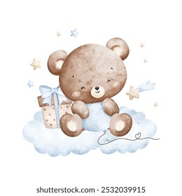 Watercolor Illustration Baby Teddy Bears and Blue Balloons Sits on Cloud