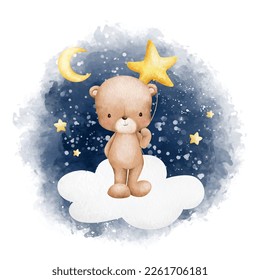 Watercolor Illustration Baby Teddy and star balloon on the cloud