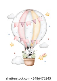 Watercolor Illustration Baby Zebra Flying with Hot Air Balloon
