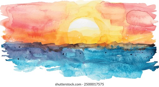 watercolor illustration, background for design, sunset in the sea, ocean