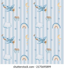 Watercolor illustration background set of cute and fancy sky scenes complete with airplanes, helicopters and balloons, clouds boy pattern, it's baby illustration.