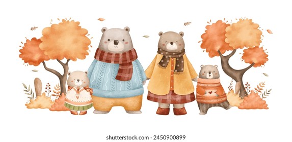 Watercolor Illustration Bear Family in Autumn Garden with Tree and Leaves