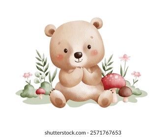 Watercolor Illustration Bear and Nature Elements