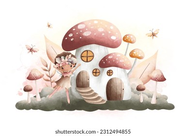 Watercolor Illustration beautiful fairy with mushroom house in vinage color