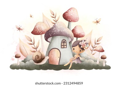 Watercolor Illustration beautiful fairy with mushroom house in vinage color