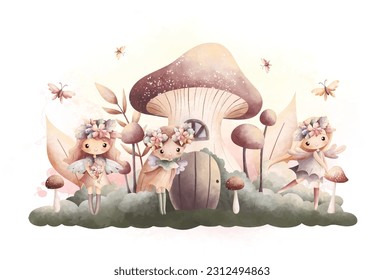 Watercolor Illustration beautiful fairy with mushroom house in vinage color