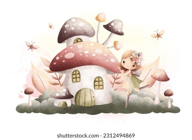 Watercolor Illustration beautiful fairy with mushroom house in vinage color