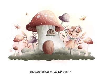 Watercolor Illustration beautiful fairy with mushroom house in vinage color