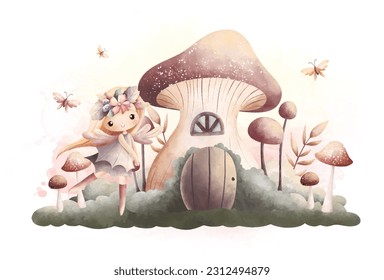 Watercolor Illustration beautiful fairy with mushroom house in vinage color