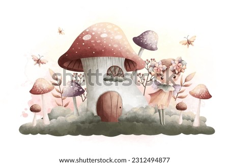 Watercolor Illustration beautiful fairy with mushroom house in vinage color