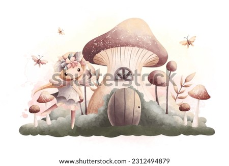Watercolor Illustration beautiful fairy with mushroom house in vinage color
