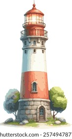 Watercolor illustration of a beautiful lighthouse surronded by greenery isolated on white background