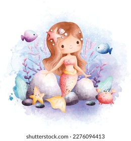 Watercolor illustration Beautiful Mermaid and fish