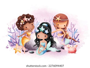 Watercolor illustration Beautiful Mermaid and sea creatures on sea bottom