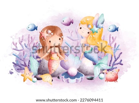 Watercolor illustration Beautiful Mermaid and sea creatures on sea bottom