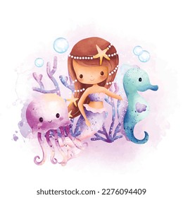 Watercolor illustration Beautiful Mermaid with seahorse and jellyfish