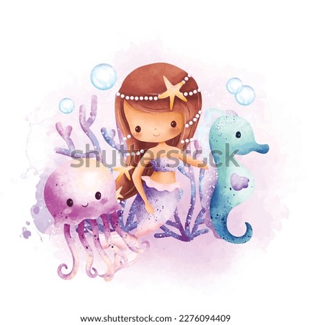 Watercolor illustration Beautiful Mermaid with seahorse and jellyfish
