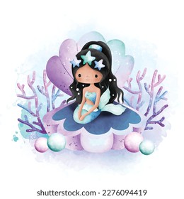 Watercolor illustration Beautiful Mermaid sitting on shell and pearl