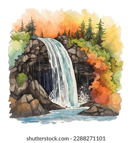 Watercolor illustration of beautiful the rainbow  waterfall and mountains vector