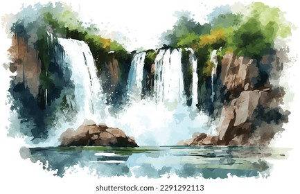 Watercolor illustration of beautiful waterfall and mountains on white background vector
