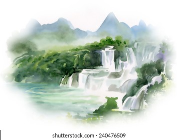 Watercolor illustration of beautiful waterfall and mountains on white background vector