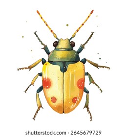 A watercolor illustration of a beetle, featuring yellow elytra with red spots, segmented antennae, and detailed legs. The beetle's body is green and yellow.