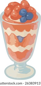A watercolor illustration of a berry parfait filled with strawberries and blueberries. Perfect for cafe menus, fruit dessert promotions, and sweet-themed designs.