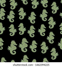 Watercolor illustration. Black, brown, turquoise sea life. Summer exotic symbol. Funny Sea Horse. Hand drawn illustration. Vector. Cute seamless pattern for girls, boys, clothes, wallpaper.