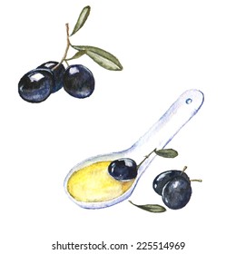 Watercolor illustration with black olives