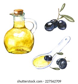 Watercolor illustration with black olives and olive oil in the bottle