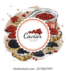 Watercolor illustration of black and red caviar around a round frame. Outline vector of seafood in a jar, spoon on a sandwich and tartlet. For menu and cover. Isolated background.