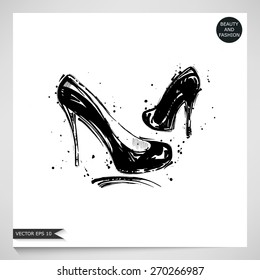 Watercolor illustration of black shoes. Beauty and fashion. Vector.