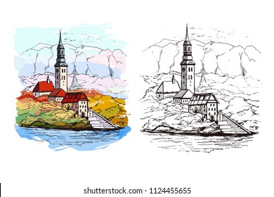 Watercolor Illustration of Bled with lake, island, castle and mountains in background, Slovenia, Europe.City with houses and water, drawn in sketch style.Cityscape.