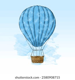 Watercolor Illustration of a Blue Hot Air Balloon in the Sky