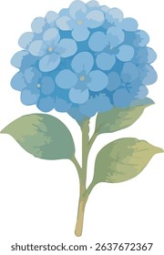 A watercolor illustration of a blue hydrangea in a soft and gentle style. Great for summer and rainy season-themed designs.