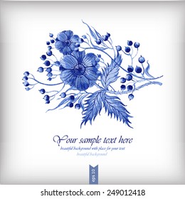 Watercolor illustration with blue leaves and flowers. Vector illustration for greeting cards, invitations, and other printing and web projects.