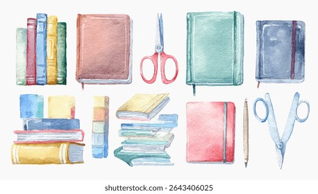 Watercolor illustration of books, notebooks, scissors, and a pen.
