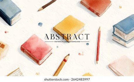 Watercolor illustration of books and pencils on a white background.
