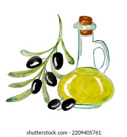 Watercolor illustration of a bottle of olive oil, black olive branch